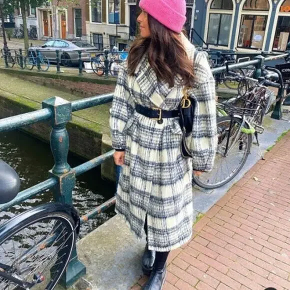 Zara NEW Oversized Wool Ivory and Black Plaid Coat Jacket